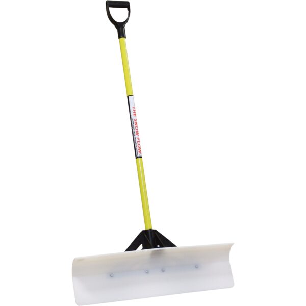 snow pusher shovel with white shovel and yellow pole.