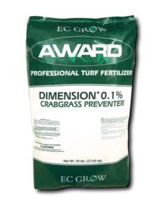 Photo of Award 'Professional Turf Fertilizer' Dimension Crabgrass Preventer. Bag is 50 lbs. and dark green with a white strip across the center to display text.
