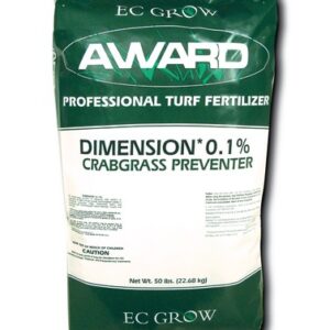 Photo of Award 'Professional Turf Fertilizer' Dimension Crabgrass Preventer. Bag is 50 lbs. and dark green with a white strip across the center to display text.