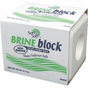 Photo of 50 lb SureSoft Brine Block (a salt product). Packaging is a white cube with blue and green writing. Says '99.8% pure salt, rust buster, water softener salt.'