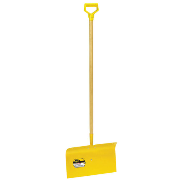 Steel Snow Pusher is yellow with a wood handle.