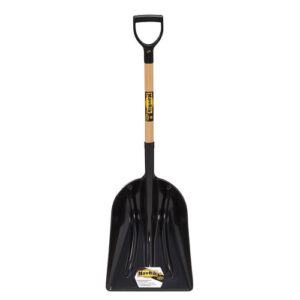 MavRik Plastic Scoop Shovel is black large shovel with smaller wooden pole and black handle.