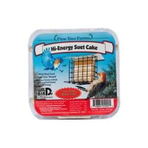 Photo of High Energy Suet Cake at Hendricks Feed & Co., Inc. Suet cake packaging includes suet cage and bird with white banner describing type of cake.
