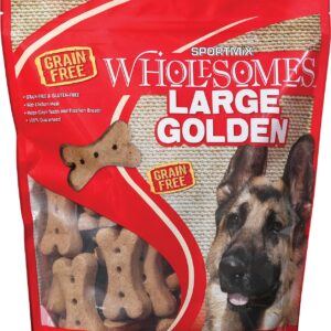 golden large dog biscuits, 4 lbs, in red bag with dog on front.
