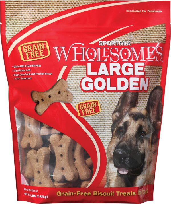 golden large dog biscuits, 4 lbs, in red bag with dog on front.