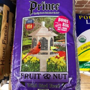 Prince Fruit nut mix, purple bag with images of cardinals at a bird feeder.