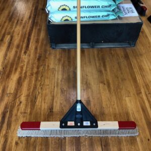 Push Broom- Fine, Course, gray bristles, red top, wood handle