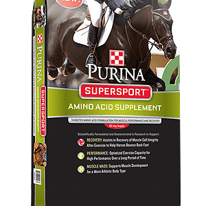 Purina SuperSport Supplement. Bag is black with green band across center and down sides. There is a photo of a racing horse and jockey on top.