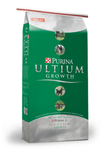 Purina Ultium Growth Horse. Green bag with silver top and bottom and photos of horses in 4 circles running vertically down the center.
