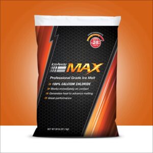 max melt calcium chloride in black bag with orange stripe. weight of 50 lbs.