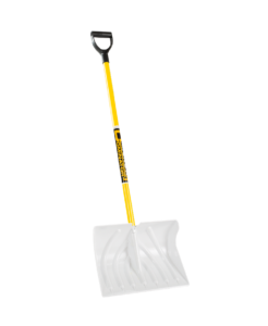 Snow Scoop-Dominator is white shovel with yellow pole and black handle.