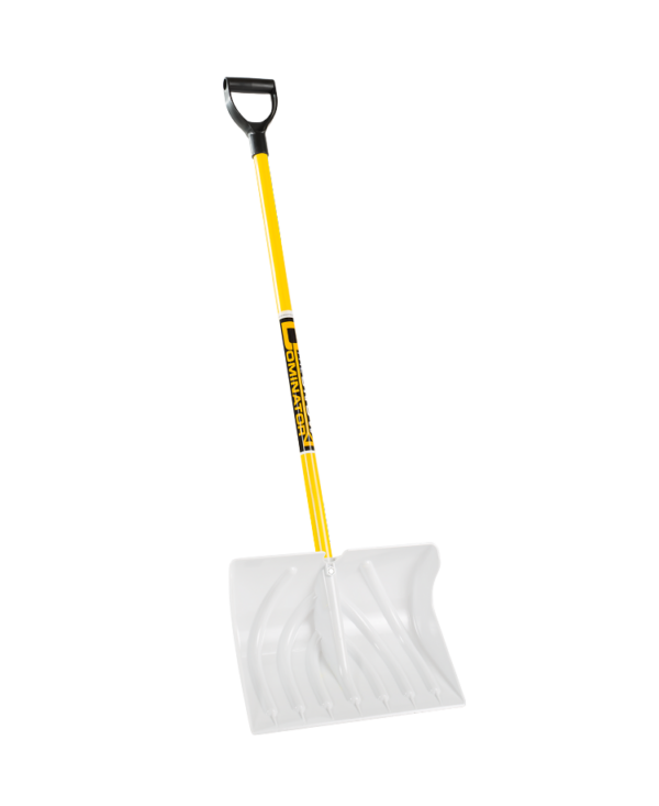 Snow Scoop-Dominator is white shovel with yellow pole and black handle.